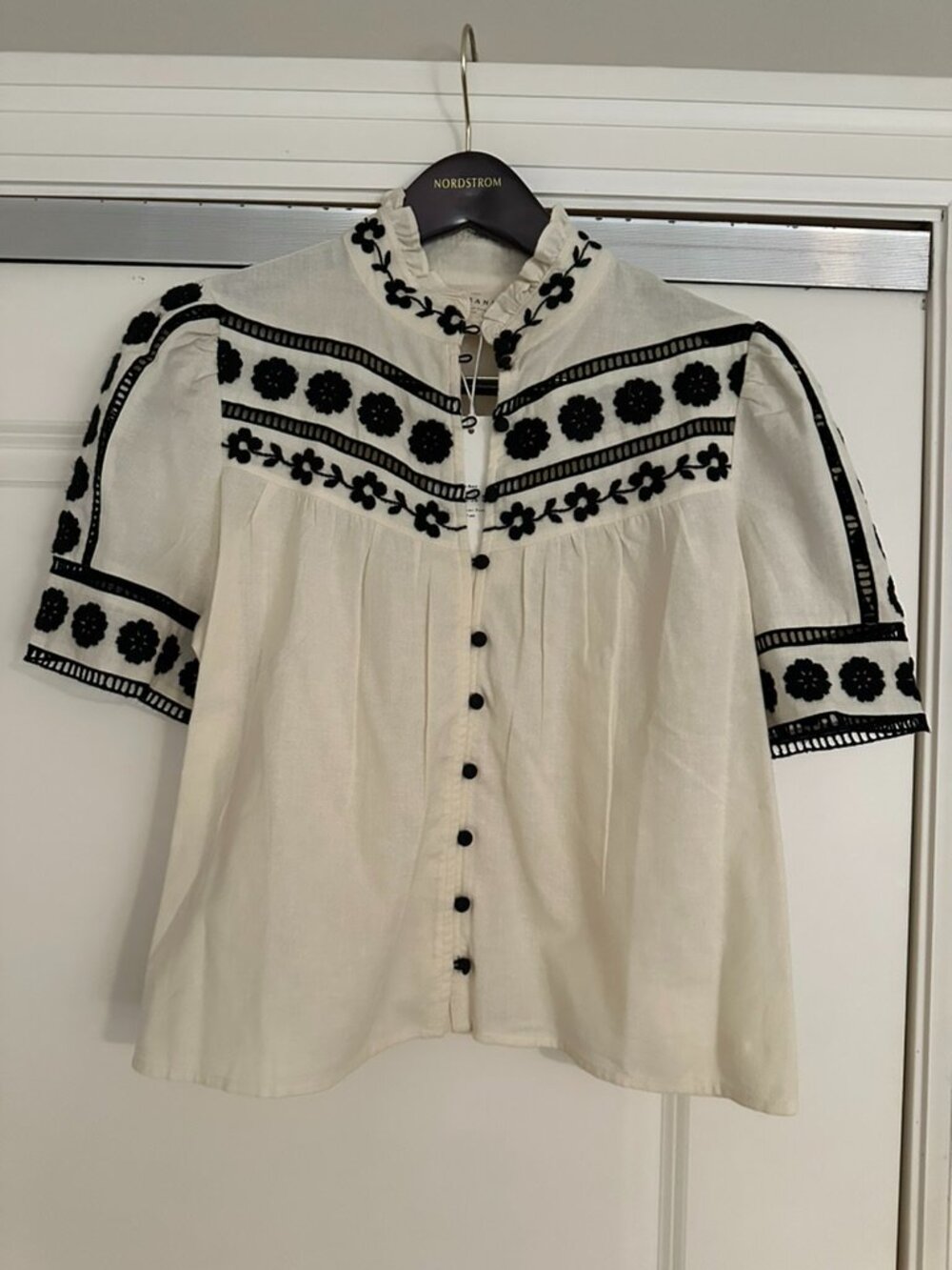 Sézane Hanae Blouse | Ecru w/ Black Embroidery | Size 6 | Small